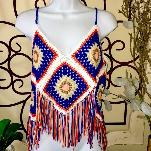 M Girls by Material Girl Tops - 4/25 Crochet CropTop BoHo Hippy Diamond Fringe M/L